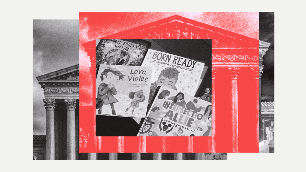 A collage in red, white and black of the facade of the United States Supreme Court building overlayed by several LGTBQ-friendly books. A few book titles are "Intersection Allies," "Love, Violet," and "Born Ready."