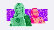 A colorful collage that pairs a woman holding a binder that reads "The Epstein Files: Phase I" next to Kash Patel, who is staring into the distance with steepled fingers.