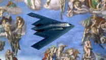 In a photo illustration, an Air Force B2 Spirit bomber flies through Michelangelo's "Last Judgment" fresco.