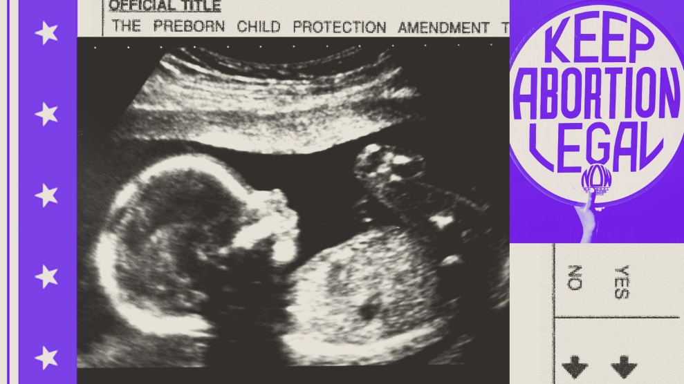 Photo collage featuring clippings of a voting ballot, a hand holding a sign that reads, "Keep abortion legal," and a sonogram of a fetus.