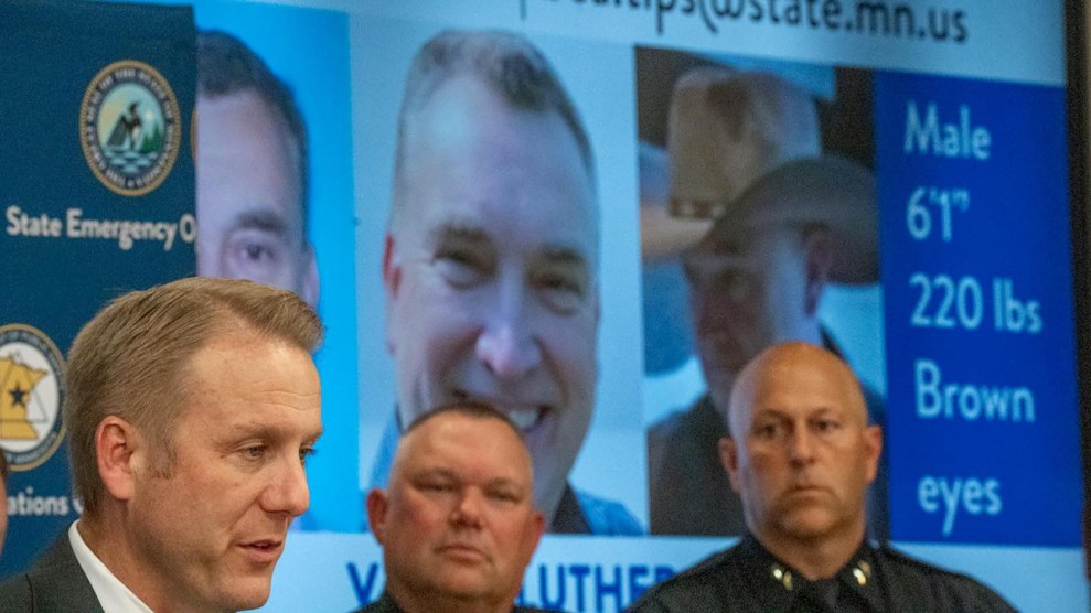 law enforcement officers in front of an image and description of Minnesota shooting suspect