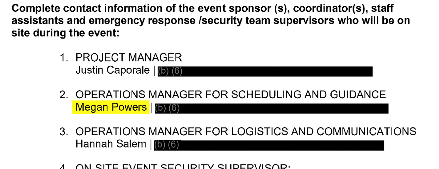 Screenshot of the permit for the Women for America First rally, with the name Megan Powers highlighted. The name Hannah Salem also appears beneath it.