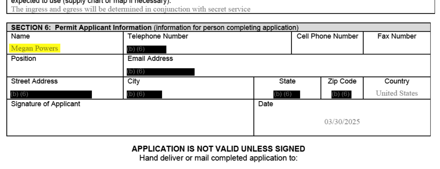 Screenshot of the permit application for the America250 parade, with the name Megan Powers highlighted in the "permit applicant information" section.