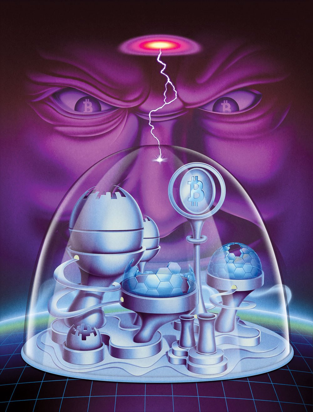 A menacing face look onto a futuristic city under a dome.