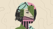 Collage of a young woman; layered in her silhouette is a plane ticket, gas station prices, an EKG print out, a $100 dollar bill and a pregnancy test.