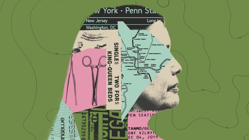 Collage of an older woman; layered in her silhouette is doctor's tools, a metro map, a protest sign, a credit card, and transportation signs.