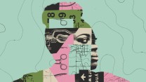 Collage of an African American woman; layered in her silhouette is a trap of surgeon's tools, road signs, maps, an EKG result, and a medical illustration of the female reproductive system.