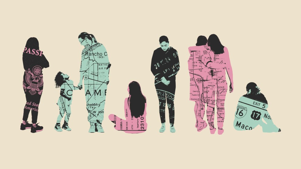 Photo collage of a mother and child, two women standing alone, and two teen girls sitting on the ground. Overlaid in their silhouettes are maps, plane tickets, passports, and highway signage.