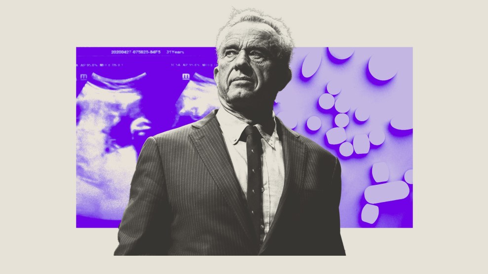 Photo collage featuring RFK Jr. scowling in the center; behind him is a color treated sonogram and medication.