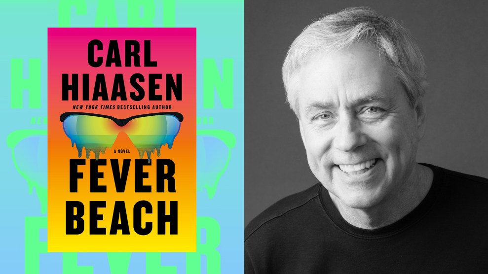 Photo collage featuring the book cover for "FEVER BEACH" on the left and a black and white portrait of the author, Carl Hiaasen, smiling on the right