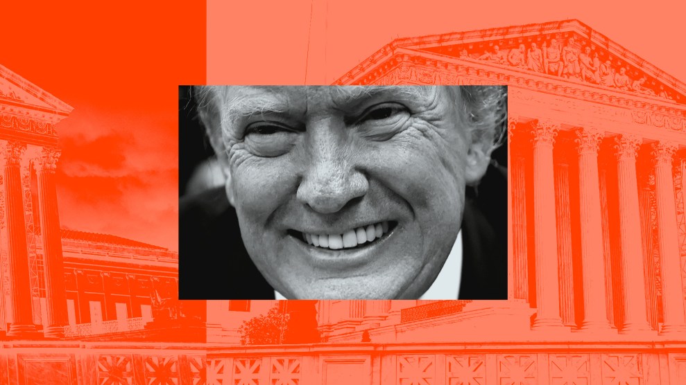 A photo illustration shows a close-up, black-and-white photo of Donald Trump smiling, superimposed over a stylized, red-orange tinted image of the U.S. Supreme Court building.