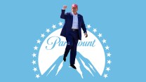 Photo illustration of Donald Trump wearing a MAGA hat with his fist raised, standing atop the mountain in the Paramount Pictures logo