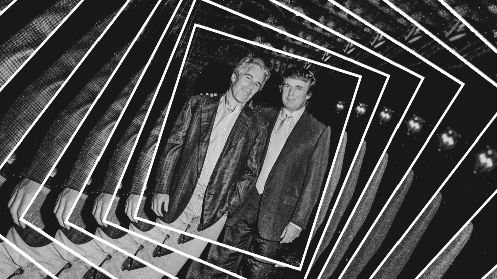 Copies of a black and white photo of Jeffrey Epstein and Donald Trump posing together at Mar-a-Lago in 1997. Each photo is rotated, seemingly spiraling, as they descend in size toward the center.