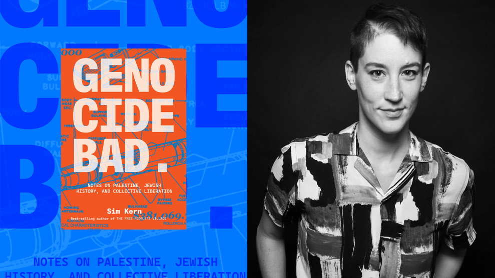 A composite image shows the cover of the book "Genocide Bad: Notes on Palestine, Jewish History, and Collective Liberation" by Sim Kern, alongside a black-and-white photo of the author, with dark close-cropped hair and wearing a patterned short-sleeve button-up shirt.
