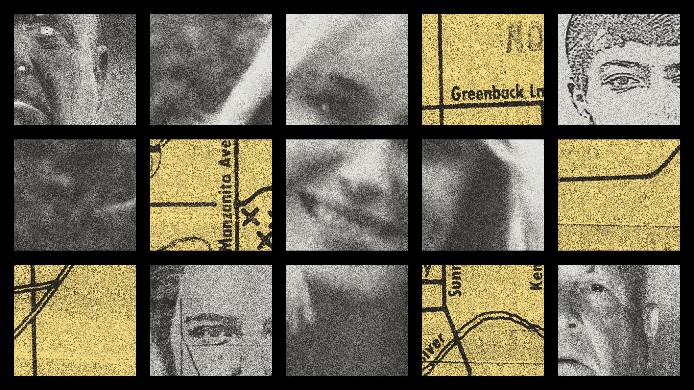 A collage arranged in a grid, showing fragmented clues from the Golden State Killer case. The tiles alternate between grainy, black-and-white photos and sketches of suspects, and yellowed map segments showing various locations.