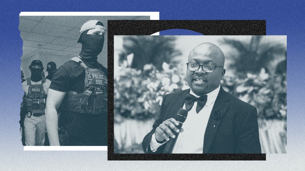 A split image features two black and white photos: on the left, a person in tactical gear with their face covered, and on the right, a man in a suit and bow tie speaking into a microphone.