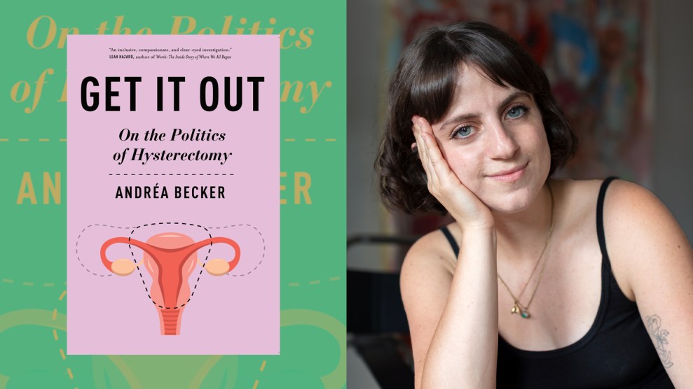 Photo collage featuring the book cover of "Get It Out: On the Politics of Hysterectomy" by Andréa Becker, which is pink with an illustration of a female reproductive system, and a portrait of the author, a young smiling woman with short dark hair and blue eyes.