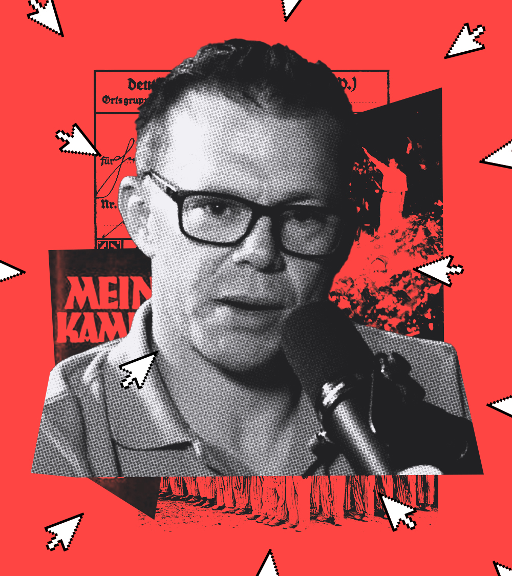 Photo collage featuring Darryl Cooper, a bespectacled middle aged man speaking into a podcast microphone; behind him are clippings of Nazi propaganda, images of prisoners in Buchenwald concentration camp, and a book burning in the Third Reich. Overlaid on top are various cursor arrows, which zoom in from the sides and all point toward Darryl at the center.