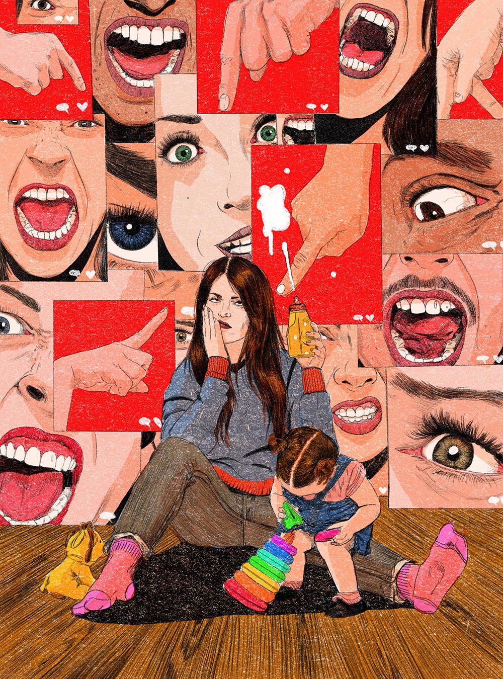 A woman sits on the floor as her child plays in front of her. Behind the woman are the enraged faces of various accusatory culture warriors and pseudoscientists. Disgusted with the voices, the woman squirts her child's bottle of milk over her shoulder at the angry faces.
