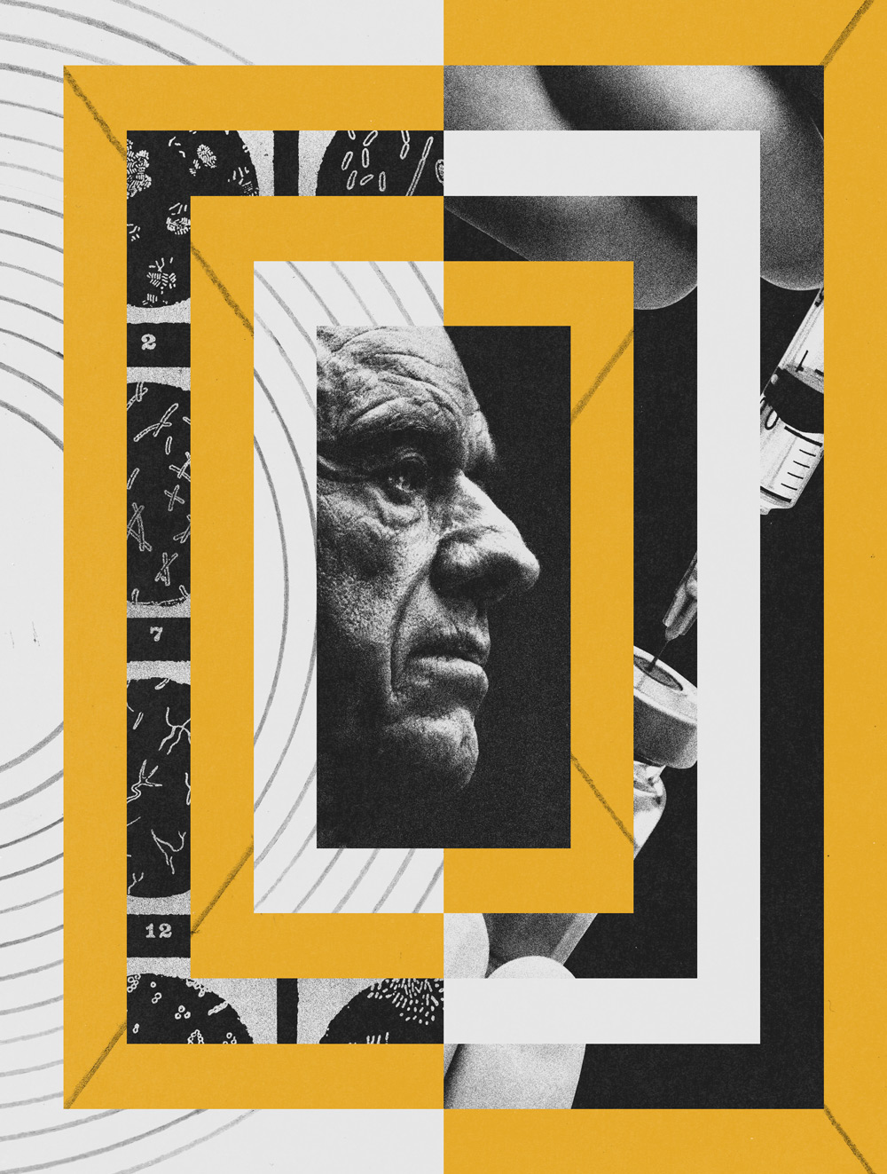 A photo collage with a central, black-and-white profile portrait of Robert F. Kennedy Jr. looking serious. The portrait is surrounded by layered yellow and white rectangular frames and other images, including what appears to be a vaccine vial and scientific illustrations.