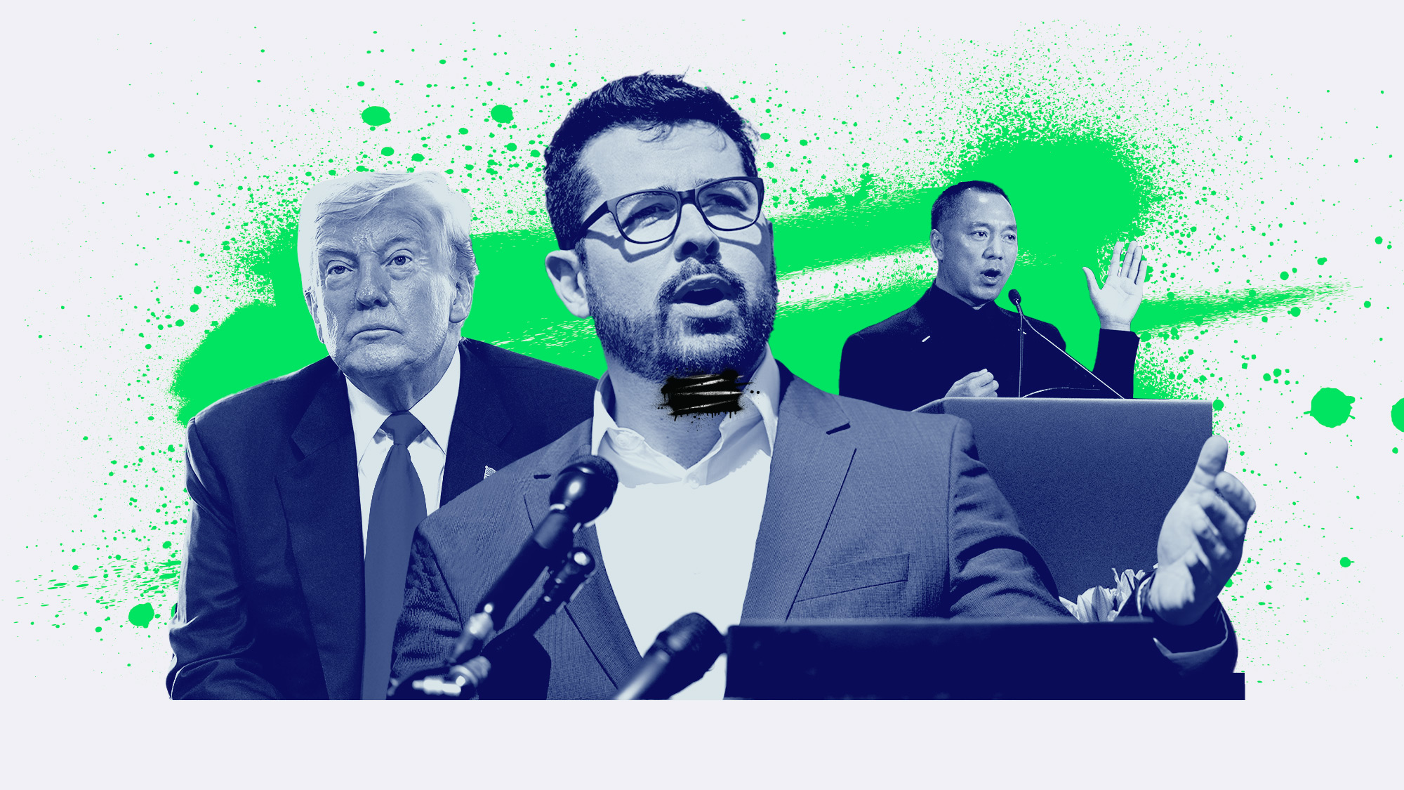 A photo collage colored in dark blue and neon green with portraits of three men. From left to right: Donald Trump, wearing a suit and a serious expression; Paulo Figueiredo, a bearded man in glasses and a suit speaking emphatically on a podium; and Guo Wengui, an Asian man in a black outfit gesturing with one hand raised while speaking on a podium.
