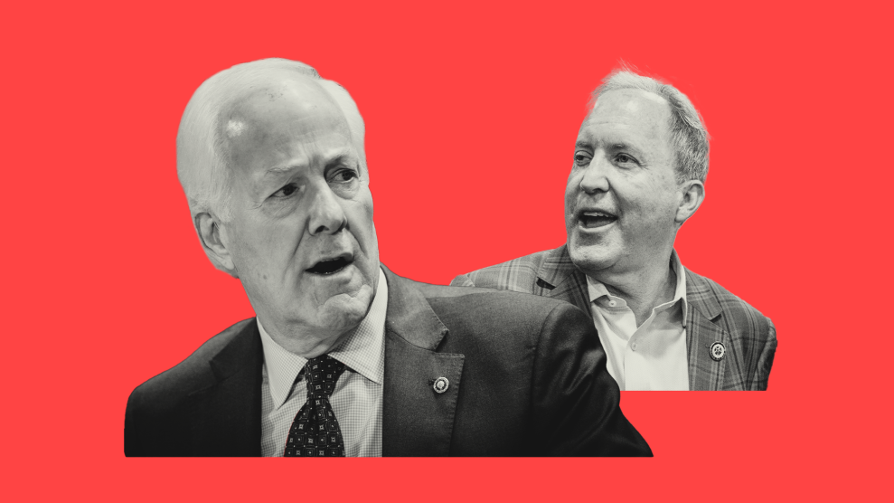 A collage of two Caucasian gray-haired men in suit jackets looking at one another with mouths agape.