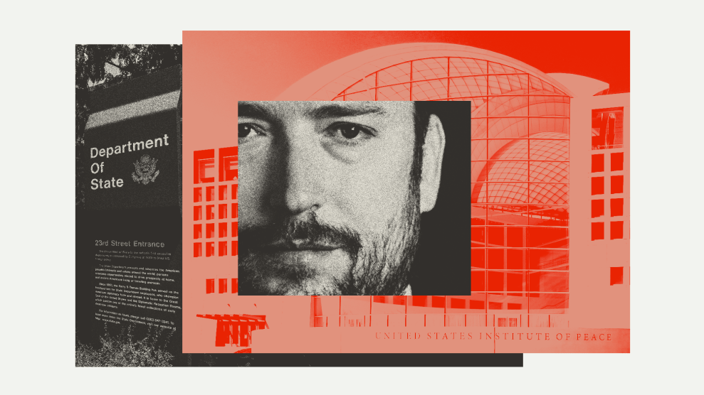 A photo collage of that layers several photos. At center is a tightly cropped photo of the face of a middle-aged man with a beard. That photo is layered over a building that's marked "United States Institute of Peace." The back image is of a sign that reads "Department of State."