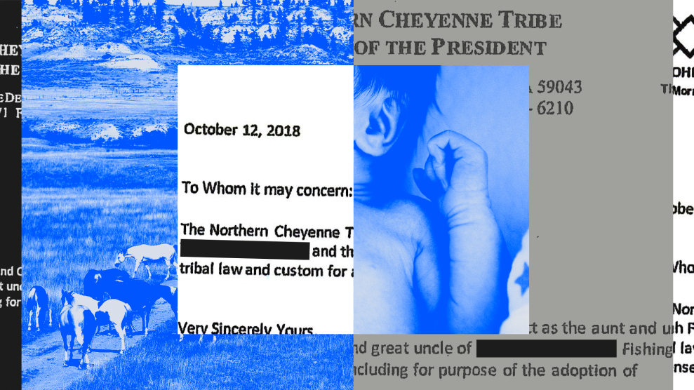 A collage with blue-tinted images of rural land, a baby, and pieces of documents involving the Northern Cheyenne Tribe.