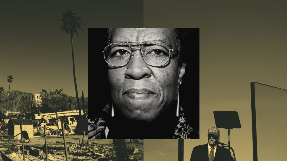 A collage illustration shows burned-down houses on the left, an older woman with short hair in the middle, and Donald Trump on the right.