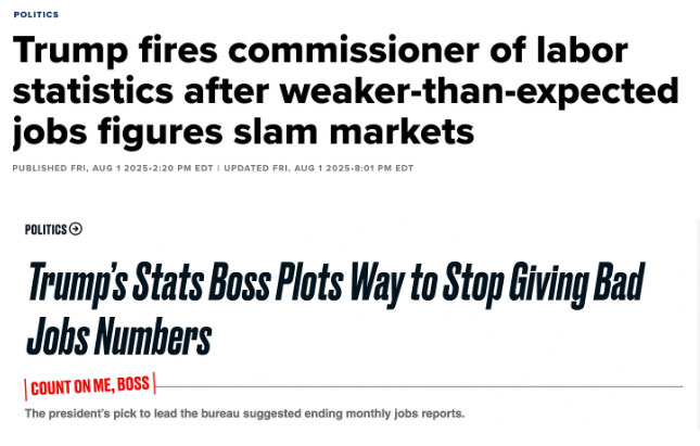 Headlines from two publications about Trump firing the BLS chief whose statistics he didn't like, even though they were accurate.