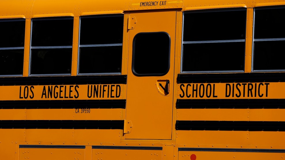 A school bus with the text "Los Angeles United School District" on it.