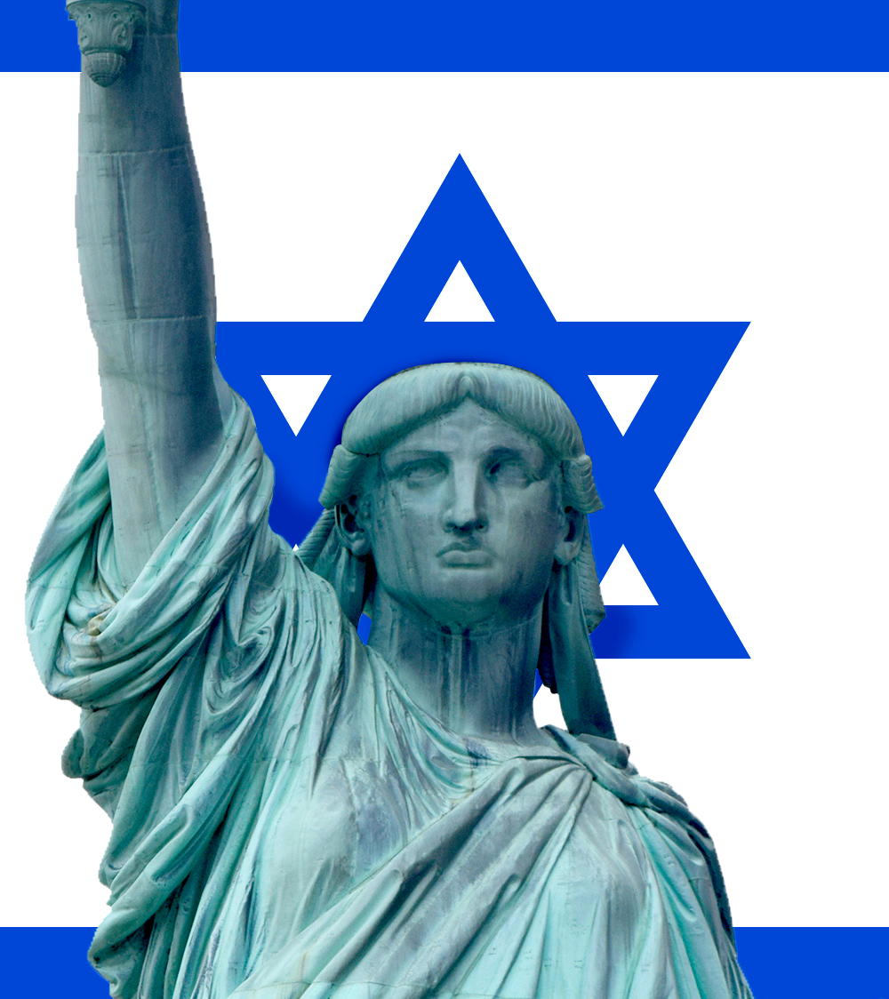 Photo collage of the Statue of Liberty in front of the Israeli flag; her crown has been replaced with the blue Star of David.
