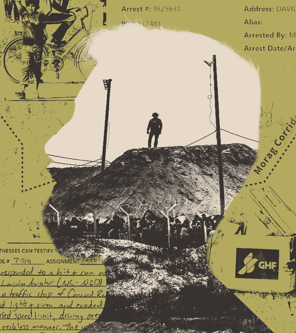 A silhouette of a bearded man inset with a sepia-toned photo of a guarded humanitarian aid site in Gaza. The background behind the man's silhouette is collaged with yellow-toned clippings from an arrest report, a map of Gaza humanitarian sites and borders, and photos of Palestinians retrieving boxes of food.