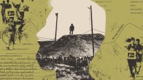 A silhouette of a bearded man inset with photos of a guarded humanitarian aid site in Gaza; the background behind him is collaged with clippings from an arrest report, a map of Gaza humanitarian sites and borders, and Palestinians retrieving boxes of food.