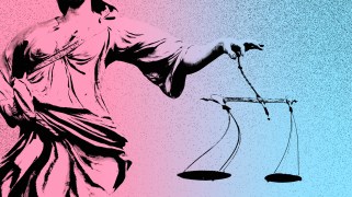 Distorted image of the Lady Justice statue, where both her body and scales are warped; overlaid is a pink and blue filter, referencing the colors of the transgender pride flag.