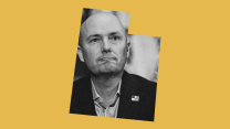 A photo of a bald, middle-aged Caucasian man in a suit jacket and open-collar shirt within the shape of the state of Utah. The shape is set against a yellow background.