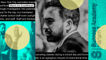 A collage in black, teal, and gold that centers Zohran Mamdani. Around a black-and-white portrait of him are photos of a classroom and a sign on a brick wall that reads, "Success Academy: Harlem 1."