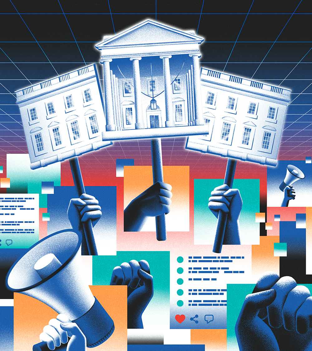 In illustrated gradient blocks, hands hold signs and megaphones, as if at a protest. The signs depict the front of the White House. There are also illustrations of social media posts.