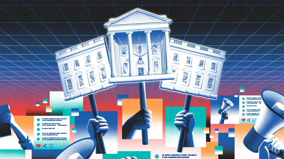 In gradient blocks, there are hands holding signs and a hand holding a megaphone, as if at a protest. The signs depict the front of The White House. There are also images of social media posts.