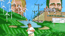 A movie poster-esque illustration of Eric and Donald Trump Jr looming over a golf course. On the left side of the golf course are white wind turbines. On the right is a boxy "cryptocenter." Front and center on the golf course is President Trump holding a golf club in the weeds.