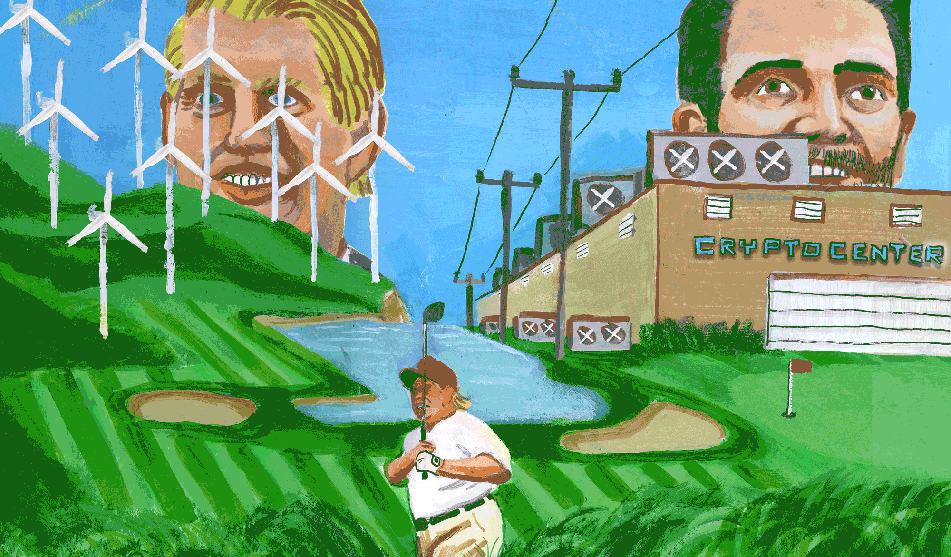 A movie poster-esque illustration of Eric and Donald Trump Jr looming over a golf course. On the left side of the golf course are white wind turbines. On the right is a boxy "cryptocenter." Front and center on the golf course is President Trump holding a golf club in the weeds.