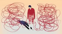 An illustration of a man unraveling from the bottom up. He looks downward at the long, looping thread and his shadow, which reveals that he's nevertheless whole as a human.