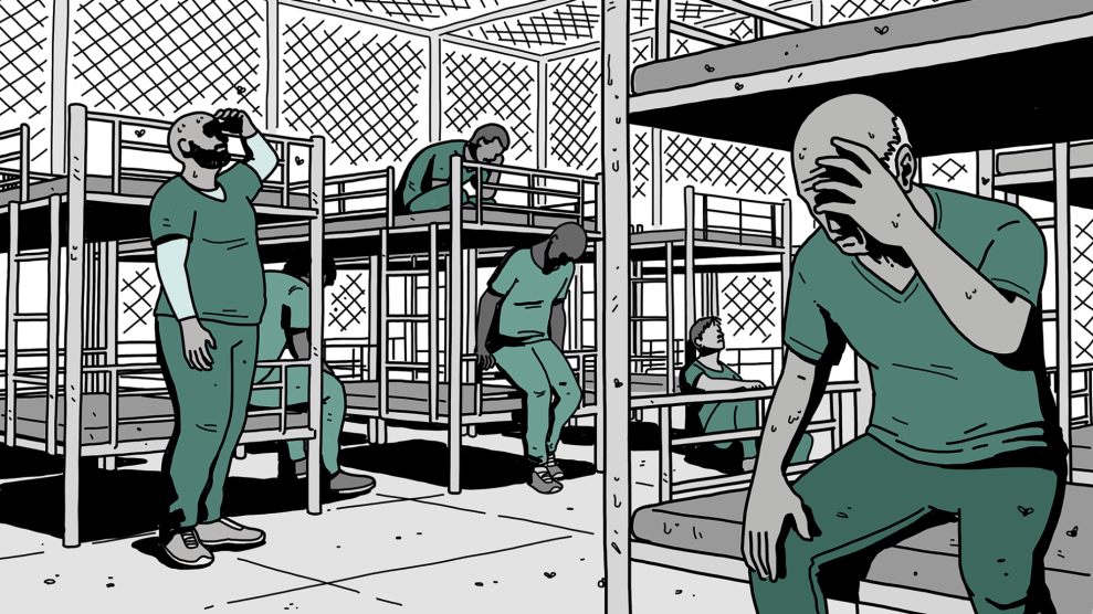 Illustration of detainees in green uniforms inside a crowded cell with bunk beds and chain-link walls, many holding or hanging their heads in distress.