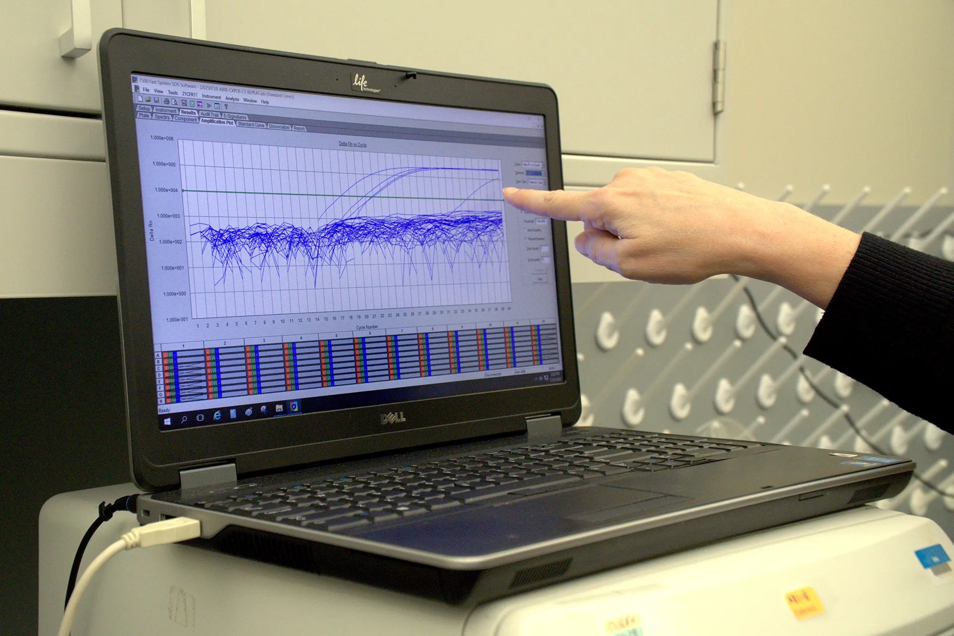 A finger points to a computer screen with a chart.