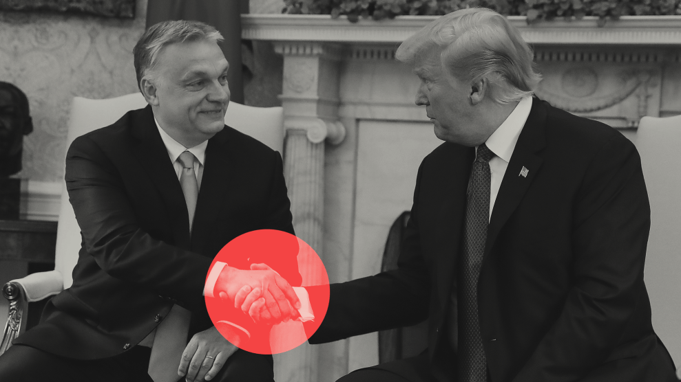 A photo illustration of Donald Trump shaking hands with Victor Orban in the Oval Office. A red translucent circle overlays the men's hands, conveying a a kind of transference.