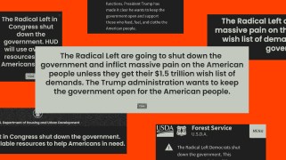 Collaged screenshots from federal websites with notification alerts that blame the "Radical Left in Congress" for the government shutdown.