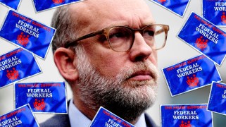 Photo of Russell Vought, a balding, bespectacled man with a beard looks to his right; overlaid on top of his photo are layers of signs showing support for federal workers.