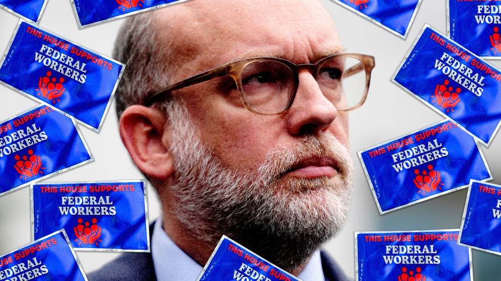 Photo of Russell Vought, a balding, bespectacled man with a beard looks to his right; overlaid on top of his photo are layers of signs showing support for federal workers.