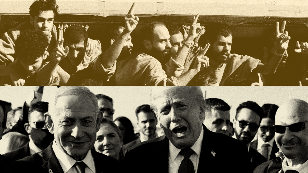 A diptych of two images: At top, a crowd of Palestinian men give the sign for 'victory or 'peace' with their index and middle fingers. In the lower photo, Benjamin Netanyahu and Donald Trump, both in suit and tie, are seen smiling as they are surrounded by press.
