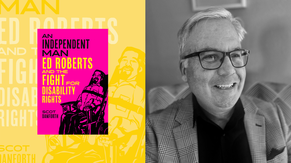 A diptych of a black-and-white photo of the author on the right, and the book cover on the left. The author is a man with white hair, black-framed glasses, black shirt and blazer. HIs book is magenta, yellow and black with a drawing of Ed Roberts sitting in a wheelchair.